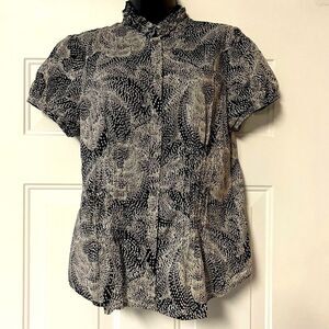 VTG 90s The Limited Black White Dot Floral Puff Cap Short Sleeve Button Shirt L